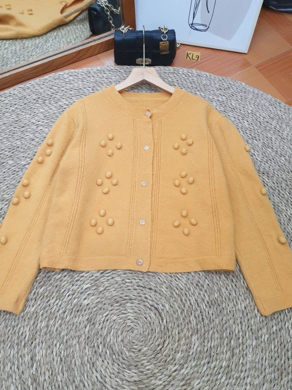 Mustard Yellow 3D Pom Cardigan Crystal Button Round Neck Sweater